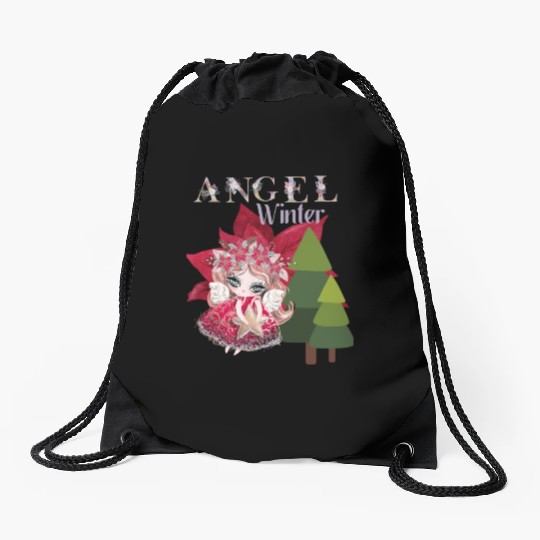 Winter Angel Christmas Tree Poinsettia Drawstring Bags