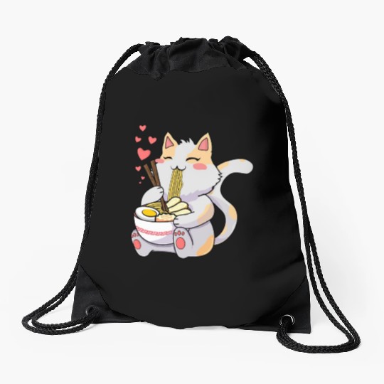Funny Kawaii Cat Eating Ramen - Kawaii Neko Cat Drawstring Bags
