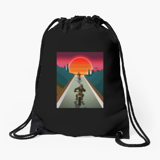 Dirt Bike Rider Sunset Mountain Road Drawstring Bags