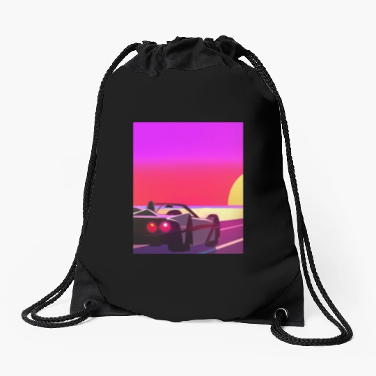 Synthwave Outrun Sports Car Beach Sunset Drawstring Bags