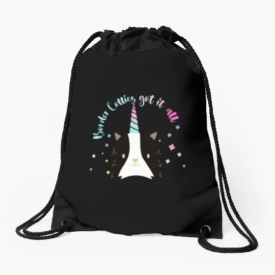 "Border Collies Got It All" Border Collie-Unicorn Drawstring Bags