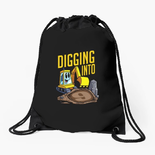 Excavator Driver Digging Into 9 Birthday Excavator Drawstring Bags