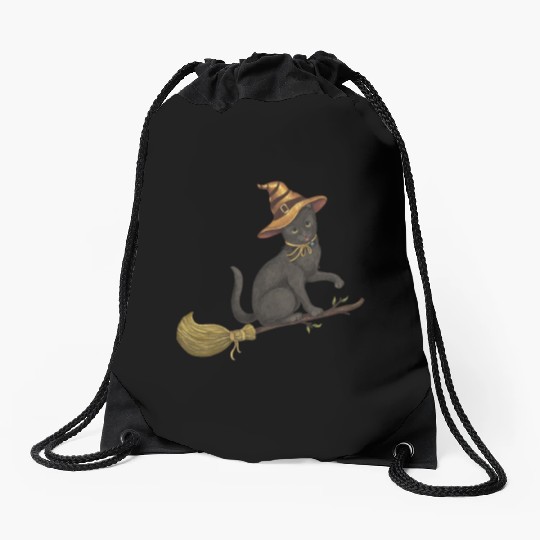 Black Cat Witch Drawstring Bags
