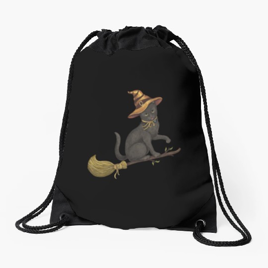 Black Cat Witch Drawstring Bags