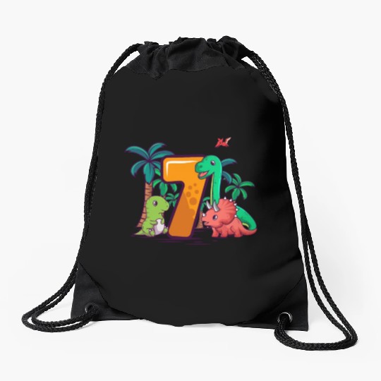 7th Birthday Trex Triceratops Dinosaur 7 Year Drawstring Bags