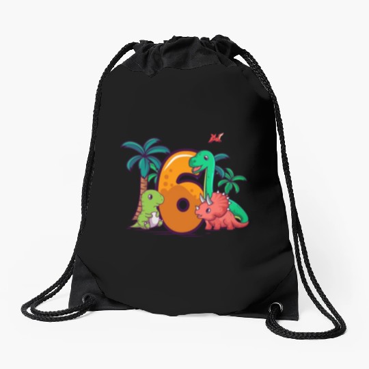 6th Birthday Trex Triceratops Dinosaur 6 Year Drawstring Bags