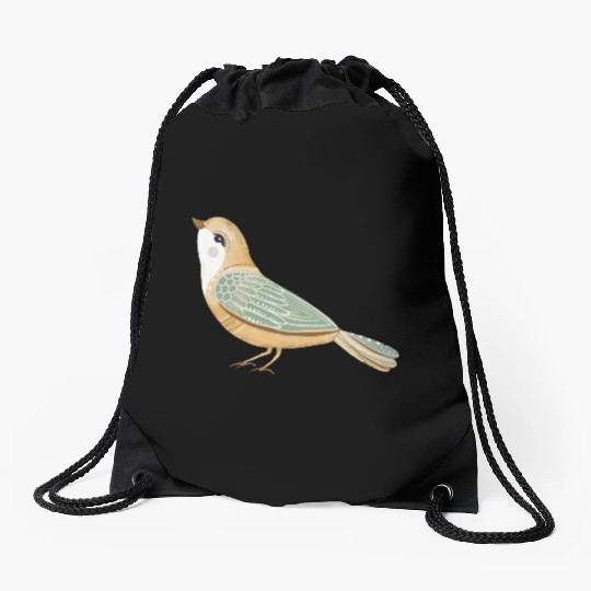 Folk art little fancy bird Drawstring Bags