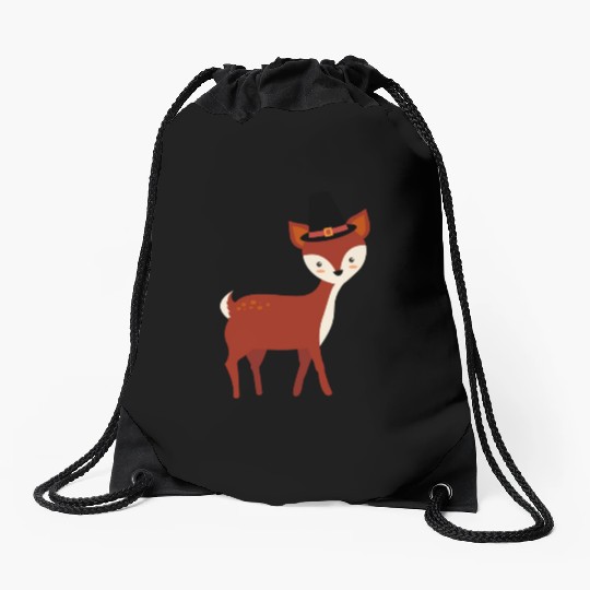 Thanksgiving Deer Wearing Pilgrim Hat Drawstring Bags