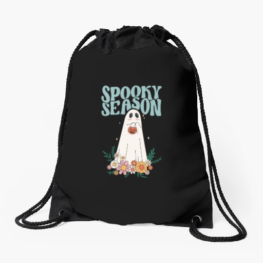 Funny Floral Ghost Halloween Spooky Season Drawstring Bags