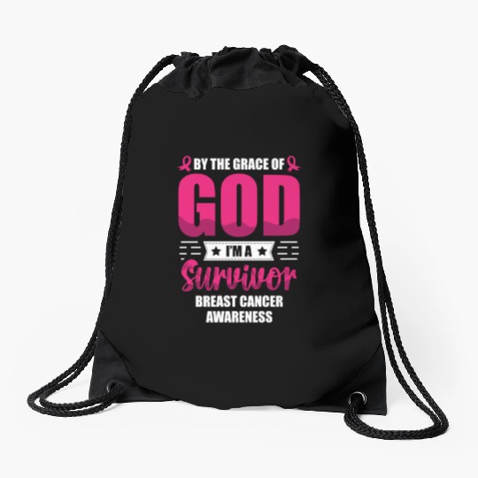 By The Grace Of God I'm A Breast Cancer Survivor Drawstring Bags