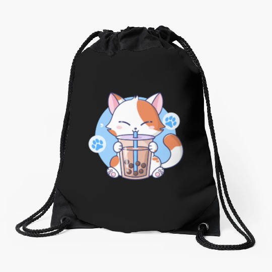 Cat Boba Tea Bubble Tea Kawaii Anime Japanese Neko Drawstring Bags