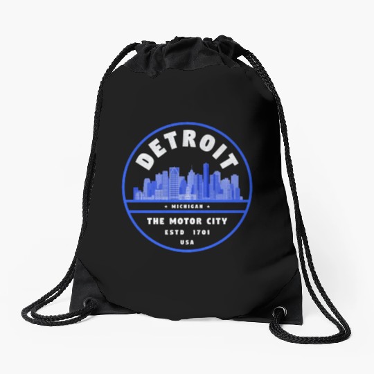 Detroit Skyline Badge Drawstring Bags