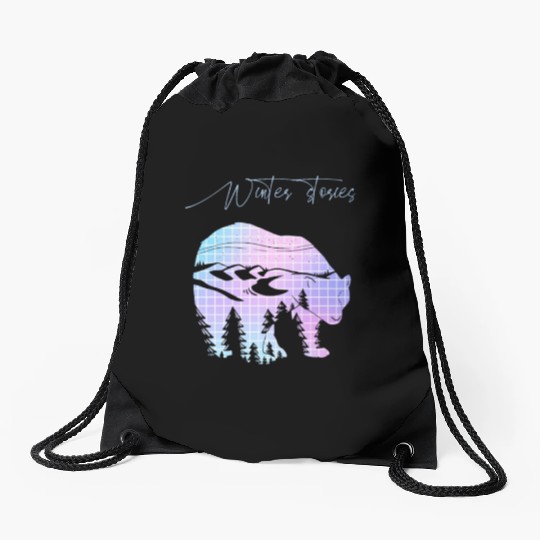 Winter stories Bear Trees Pastel Rainbow Drawstring Bags