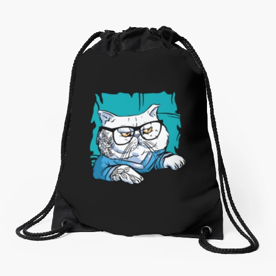 Stylish Nerd Persian Cat Beanie Glasses Tattoo Drawstring Bags