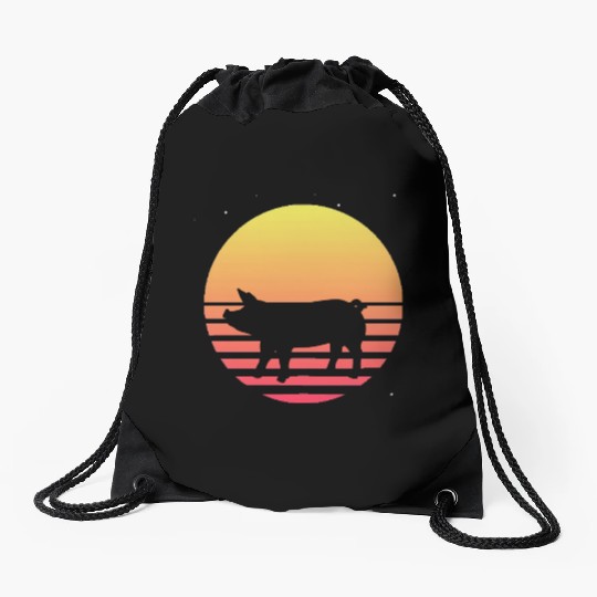 Farm Animal Lover Farmer Gift Retro Vaporwave Pig Drawstring Bags