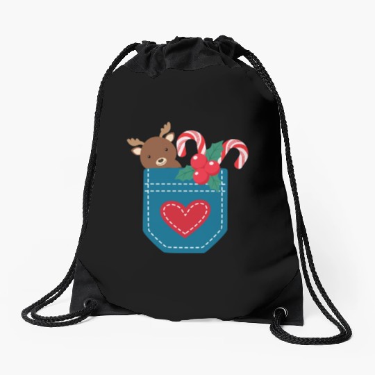 Christmas moose peppermint pocket Drawstring Bags