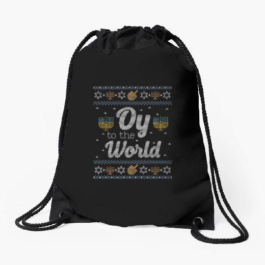 Funny Ugly Hanukkah Oy To The World Drawstring Bags