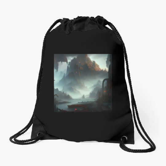 Misty Mountains in a Fantasy Scene Drawstring Bags
