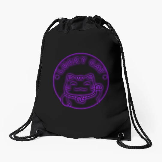 Purple neon lucky cat Drawstring Bags