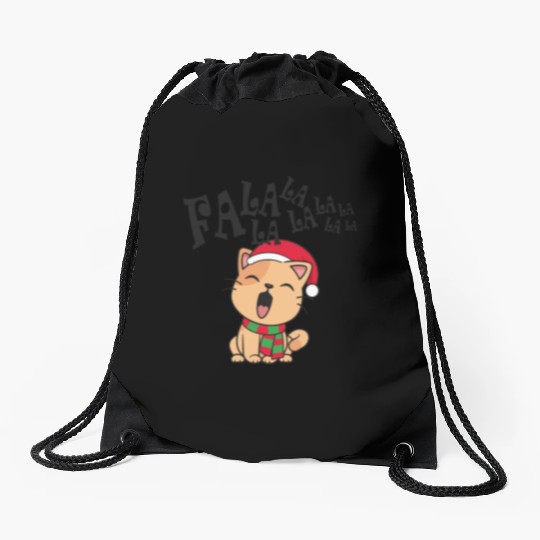 Cute Christmas Cat Singing Fa la la la Song Drawstring Bags