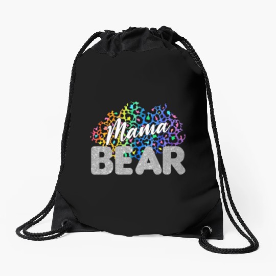 Mama Bear Leopard Silver Glitter Drawstring Bags