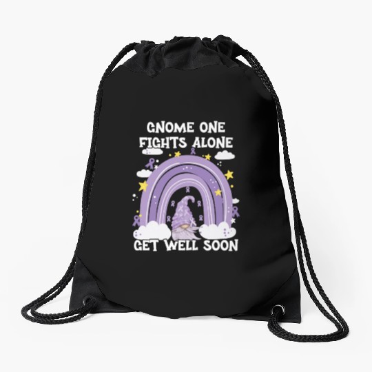Gnome One Fights Alone Lavender Cancer Drawstring Bags