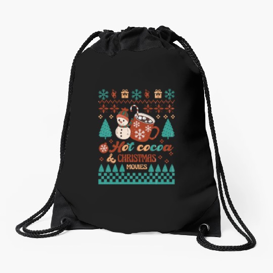Funny Christmas Hot cocoa christmas movies Drawstring Bags