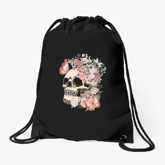 Butterfly Flowers Skull Nature Drawstring Bags