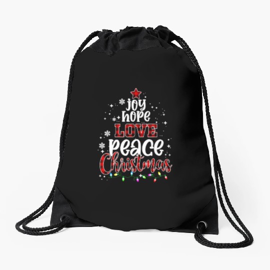 Joy Hope Love Peace Christmas Red Buffalo Plaid Drawstring Bags