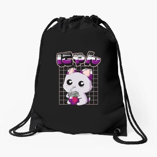 Asexual Pride Kawaii Cat Strawberry Milk Asexual F Drawstring Bags
