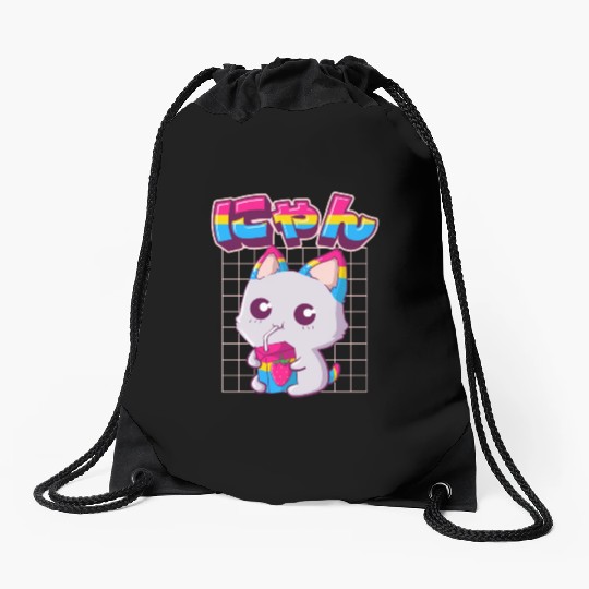 Pansexual Pride Kawaii Cat Strawberry Milk Pansexu Drawstring Bags