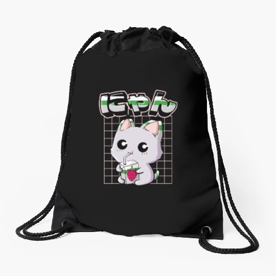 Demiromantic Pride Kawaii Cat Strawberry Milk Drawstring Bags