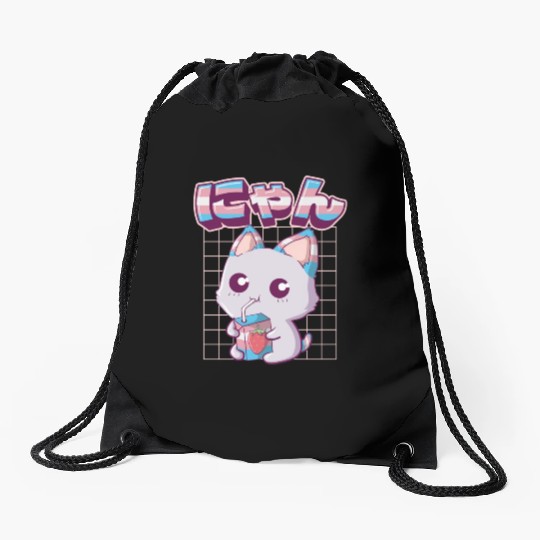 Transgender Pride Kawaii Cat Strawberry Milk Trans Drawstring Bags