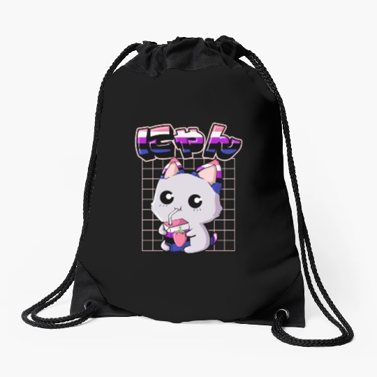 Genderfluid Pride Kawaii Cat Strawberry Milk Drawstring Bags