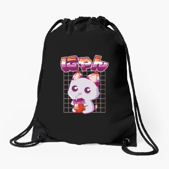 Lesbian Pride Gay Kawaii Cat Strawberry Milk Lesbi Drawstring Bags