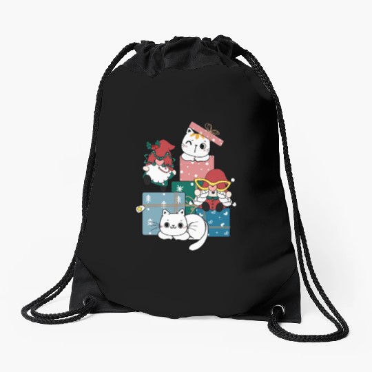 cute gnome and kitty cats on present gift box Drawstring Bags