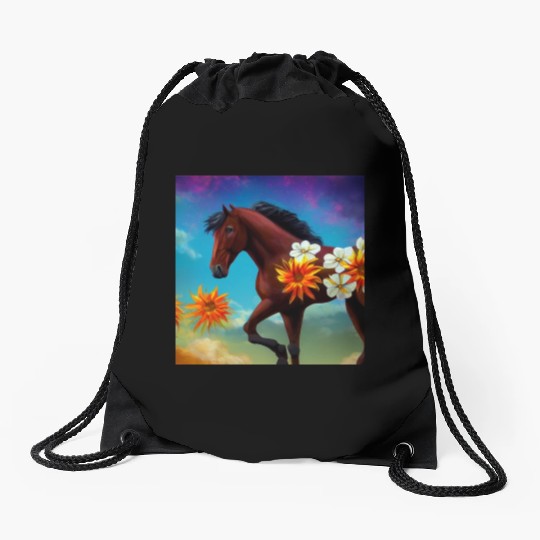 Brown horse with orange white flowers drawing Drawstring Bags