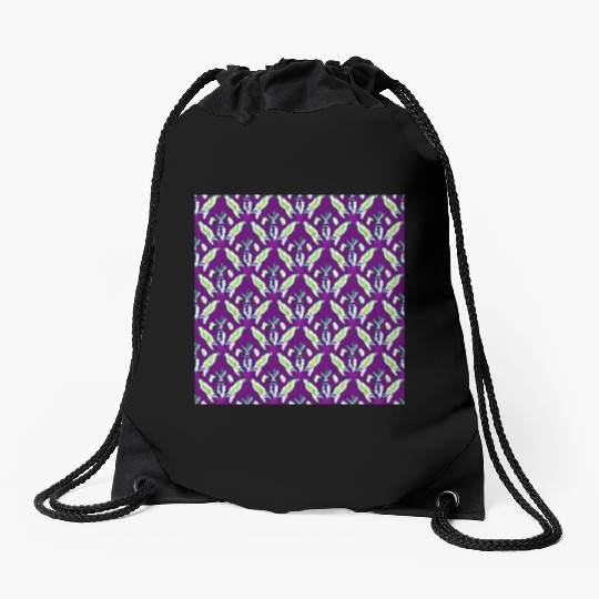 Vintage green flowers on purple background Drawstring Bags