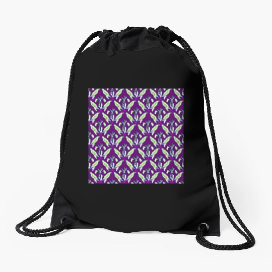 Vintage green flowers on purple background Drawstring Bags