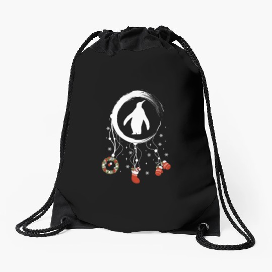 Winter dreamcatcher Christmas Penguin Drawstring Bags
