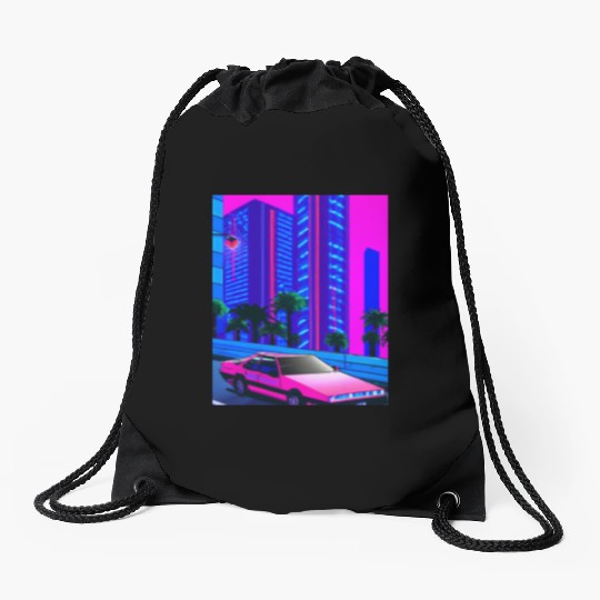 Vaporwave Car Synthwave City Drawstring Bags