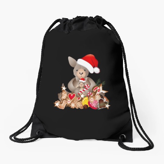 cute kangaroo for christmas with santa hat Drawstring Bags
