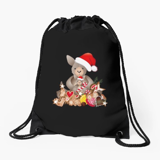 cute kangaroo for christmas with santa hat Drawstring Bags