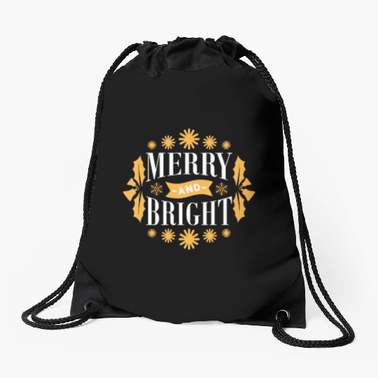 Merry And Bright Snowflakes Mistletoe Xmas Holiday Drawstring Bags