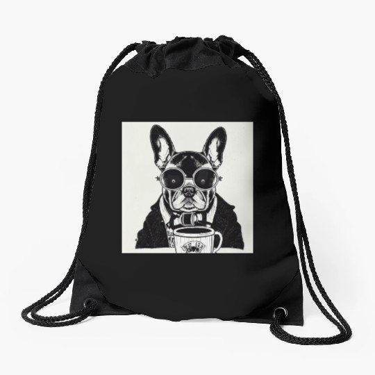 I love dog and coffee Drawstring Bags