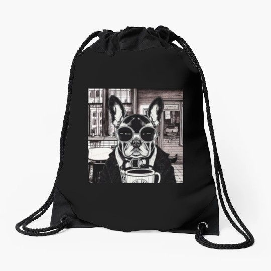 I love dog and coffee Drawstring Bags