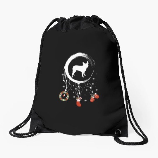 dog dreamcatcher Christmas Boston Terrier Drawstring Bags