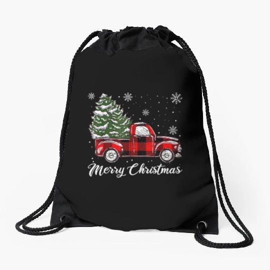 Xmas Tree Red Truck Pajama Buffalo Plaid Truck Drawstring Bags