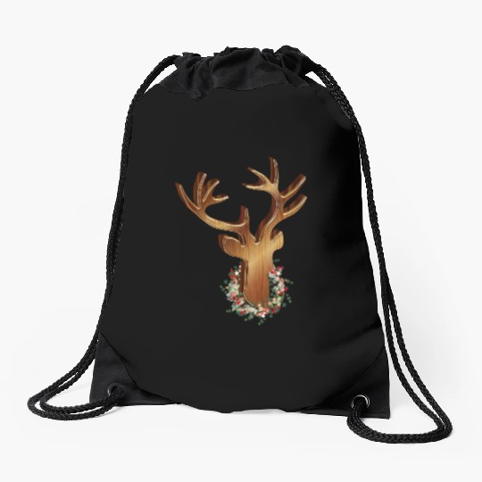 Deer head in wood look with Christmas wreath Drawstring Bags