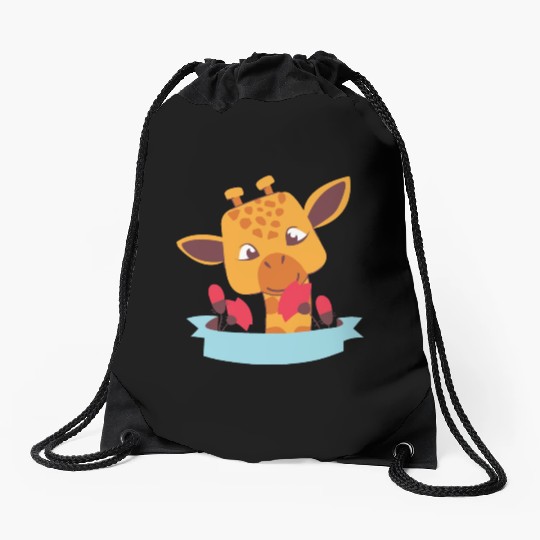 kawaii funny cute baby giraffe smells flowers Drawstring Bags